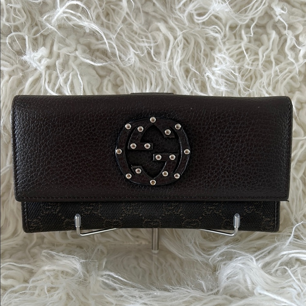 Authentic Gucci GG Dark Brown Studded Long Vintage Wallet